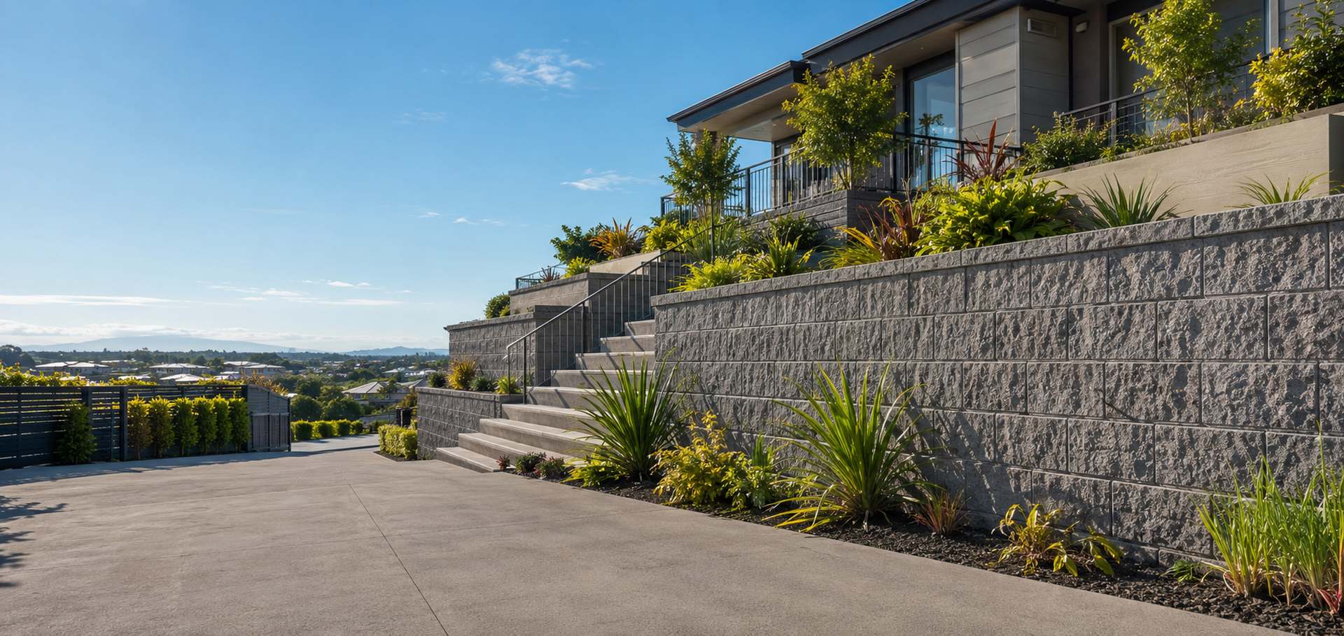 Tiered grey block retaining walls with planted terraces holding a hillside section above a concrete driveway in Christchurch