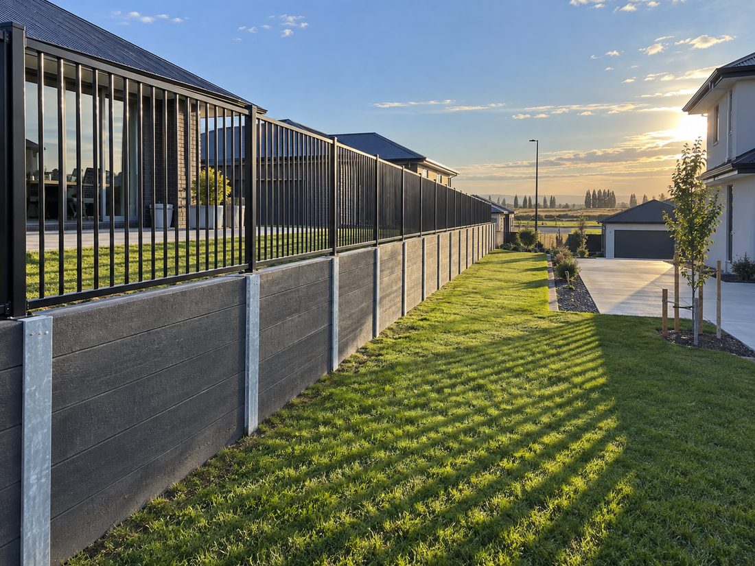 Finished charcoal concrete sleeper boundary retaining wall with a black aluminium fence on top at sunset