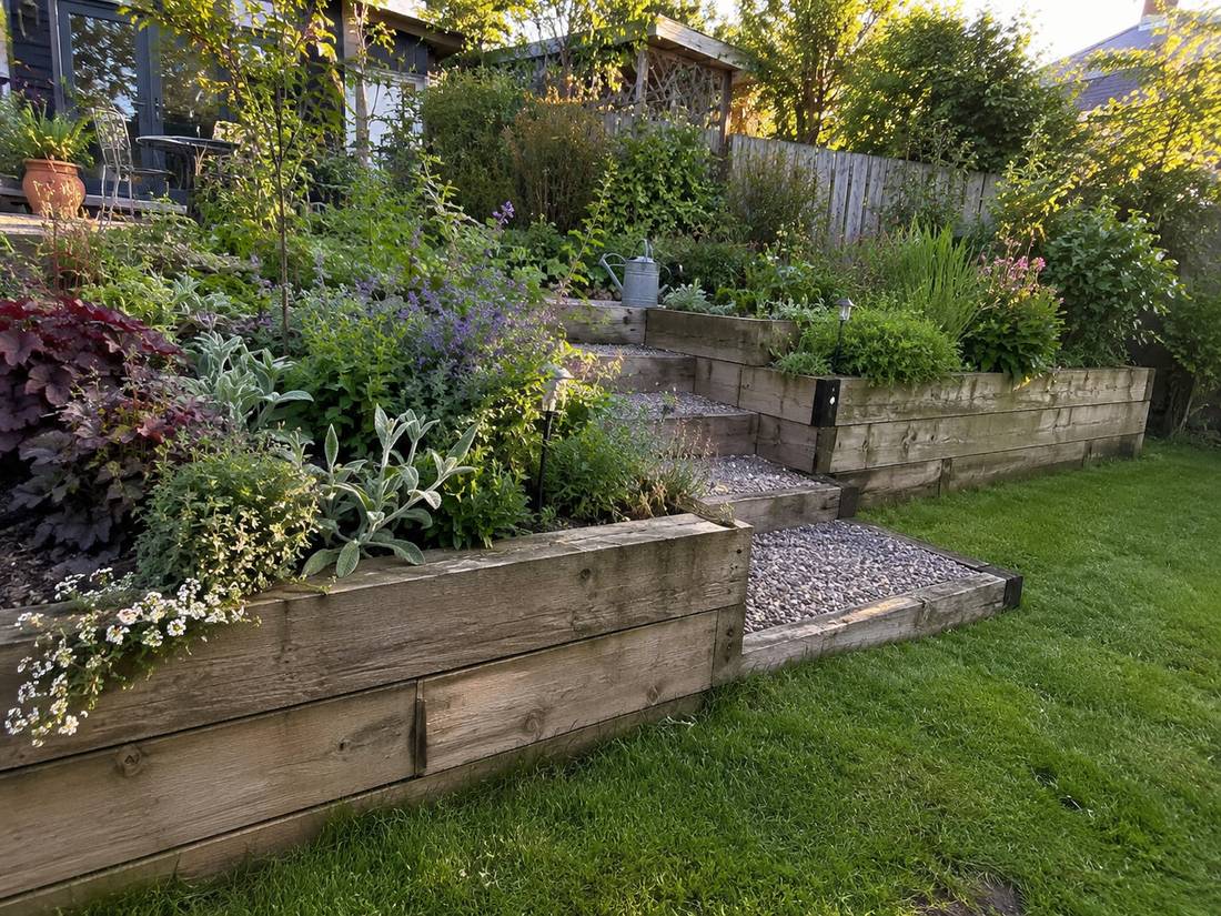 Finished terraced timber garden retaining walls with planted beds and gravel steps in evening light