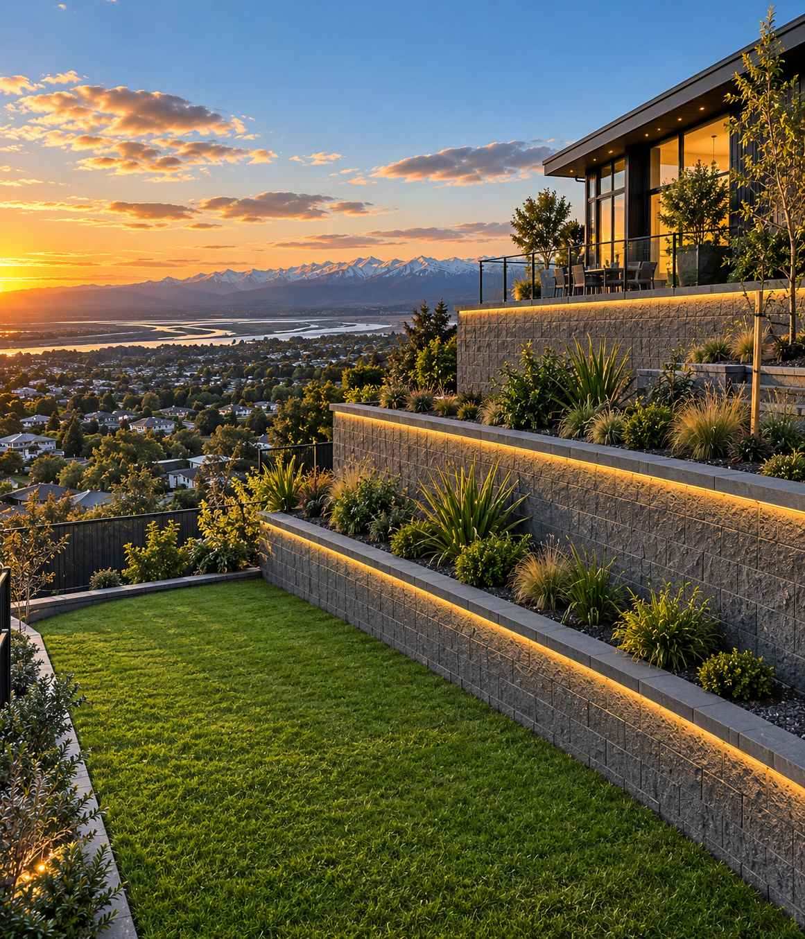 Finished tiered concrete block retaining walls turning a steep Christchurch section into level lawn and terraces at sunset